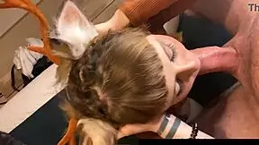cute girl in deer costume gets facefucked hard