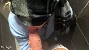 cute babe gives sloppy blowjob in public toilet. she worked magic under fast food table earlier.