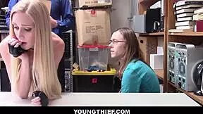 Skinny shoplifter Emma Starletto gets fucked by guard in front of boyfriend