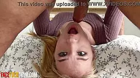Blonde teen Sofie Otis deep throats for facial cumshot