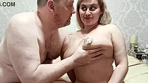 old man licks whipped cream off young girl's big natural tits in couple fun