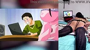 watching hentai blowjobs with cum in throat and big tits, loving how my stepbro shows my panties