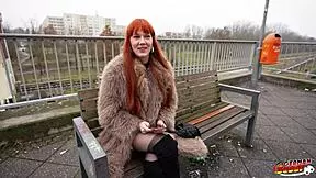 German redhead gets her tight pussy nailed in public