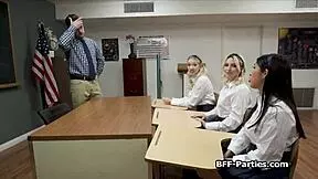 Classroom Foursome with Lucky Teacher's Fat Cock and Eager Teens