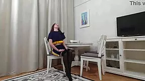 Evelyn teases in black and tan pantyhose, looking so sexy