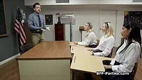 Classroom Foursome with Lucky Teacher's Fat Cock and Eager Teens