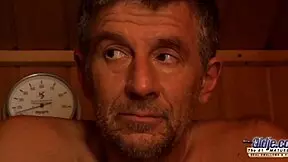 In the sauna, a young teen sucks an old man's cock before getting fucked.