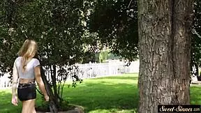 Classy teen enjoys outdoor roleplay in missionary