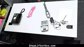 Caught shoplifting in the mall, April Love gets hardcore punishment with blowjob and rough riding.