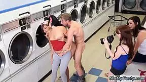 Men gangbang teen on laundry day