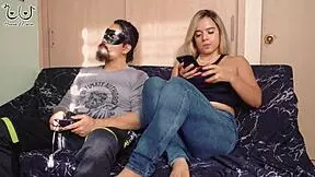 my stepbro pushes his big cock into my mouth while playing games