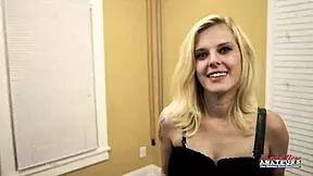 Petite blonde Myaa's twat fingered while footjobbing cock.