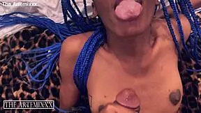 I moan as artemixxx face fucks my tiny ebony pussy with his monster cock