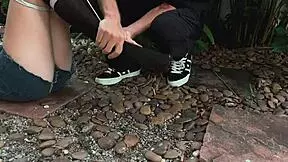 is this blonde beauty tangled in park bondage?