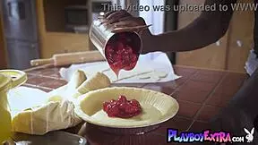 victoria antoinette, the ebony teen, strips while cooking in the kitchen.