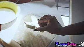 victoria antoinette, the ebony teen, strips while cooking in the kitchen.