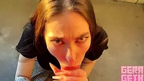 Hey, watch this smoking girl suck fast on a public balcony!