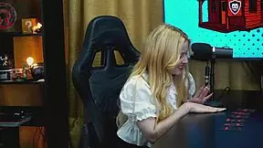 why does this blonde teen bend over the podcast table, showing her wet pussy?