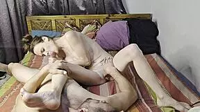 Petite small 18+ milf gives foot worship and blowjob in pov style