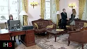 the beautiful brunette girl is getting her ass fucked by an old man, with swollen pussy and cum in mouth