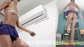 young brunette dancing in shorts and skirt without panties