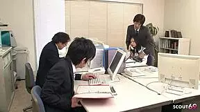 Asian secretary seduces to blowbang and cum on tits with squirt orgasm in office.