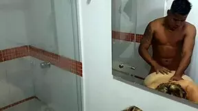 Blonde teen showers and blows