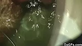 Dagfs masturbates and sucks cock in a hot bathtub.