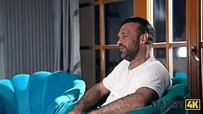 Man, this horny teen with a perfect body totally cheats on her boyfriend with his dad in their bedroom!