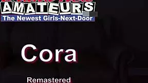 Watch petite brunette Cora fill her pussy with a dildo while sucking a hard cock?