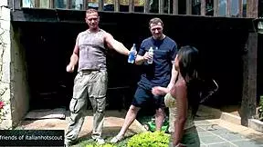 Gorgeous oriental brunette takes on double penetration in a lush garden setting