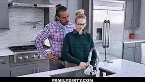 Skinny blonde teen Lily Larimar interacts with jealous stepdad Johnny Castle on the family kitchen counter