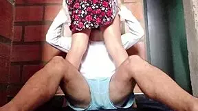 I watch this redhead in a dress ride expertly at home.