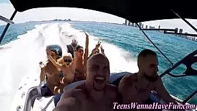 Teens getting fucked hard on a yacht party outdoors!