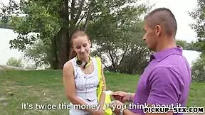 Slim eurobabe sucks two cocks and gets banged