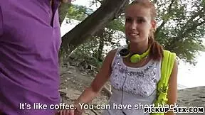 Slim eurobabe sucks two cocks and gets banged