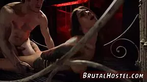 Girl dominates man slave while blonde faces punishment in garage