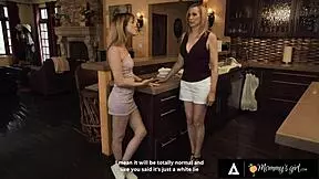 Aroused Petite Brunette Licks and Scissors with Hot Stepmom After Partying