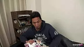 Tricked petite Asian massage girl with long nipples into banging an older guy