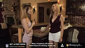 Aroused Petite Brunette Licks and Scissors with Hot Stepmom After Partying