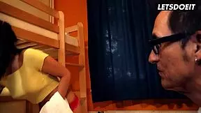 Big tits brunette seduces old man