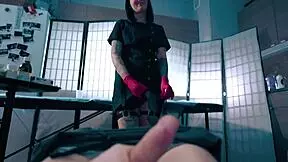 Sexy Nurse in Latex Gloves Assists Patient with Semen Sample