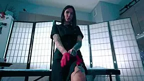 Sexy Nurse in Latex Gloves Assists Patient with Semen Sample