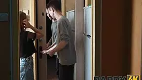 Sexually Greedy Teen WATCHES Old Man FUCK Her Shaved Pussy In Kitchen. She MOANS Loudly As He CUMS Inside.