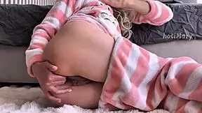 Skinny teen in pajama fingering hairy horny wet pussy close up and squirting orgasm 😍