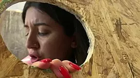 slut takes two big dicks through gloryhole for messy cumshots