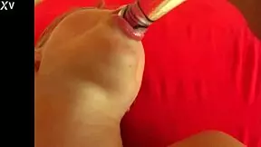 Blonde Euro babe, all natural, squirts milk in close-up solo play