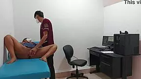Doctor examines tall teen with long hair in clinic