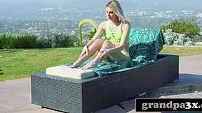 An old creep pressures his cute blonde stepgranddaughter on the sofa, craving her body to hide her secret.