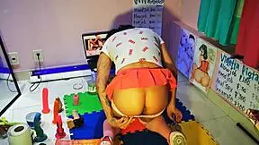 Watching teen otaku schoolgirl get fucked while masturbating with dildo in pigtails